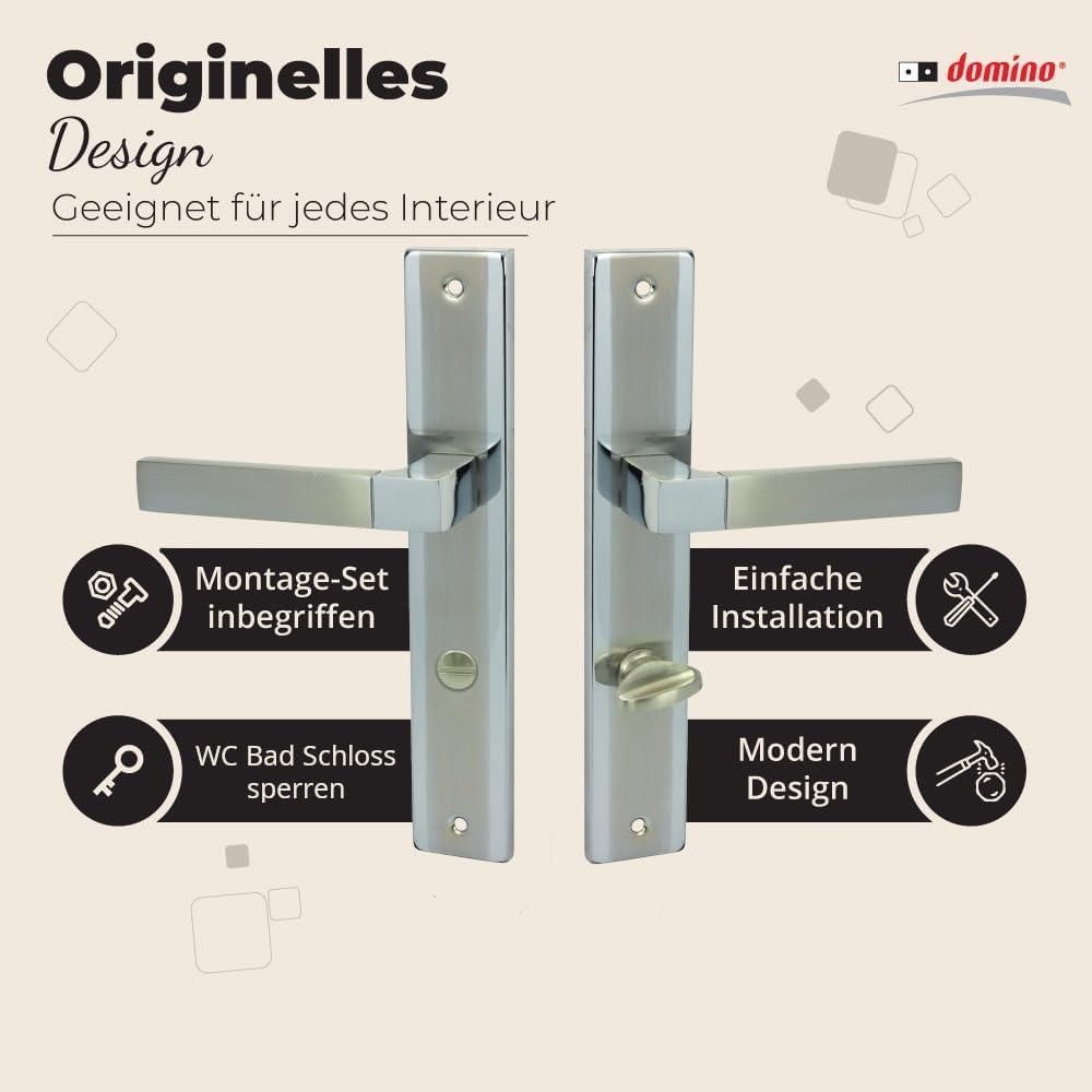DOMINO Türgriff 78 Drückergarnitur WC - Badezimmer Set | Links & Rechts Türbeschlag für WC/Badezimmertüren | L-Form | Türbeschläge aus Aluminium |Chrom/Nickel Türdrückergarnitur| REAL M6/M9