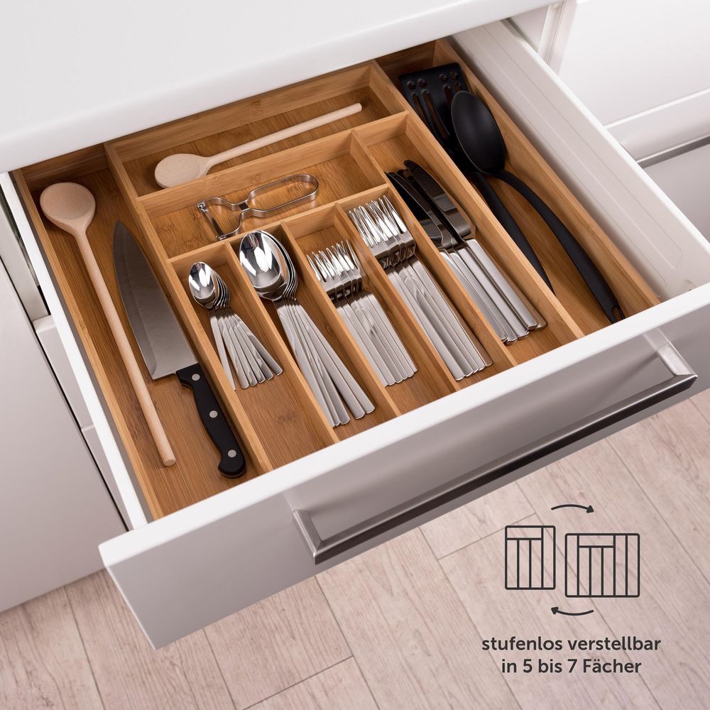 Blumtal Besteckkasten für Schubladen - Bambus Schubladen Organizer Küche passend für IKEA Maximera, 4 Fächer als Schubladen Ordnungssystem für Besteck, Haushaltsartikel und Bastelmaterialien