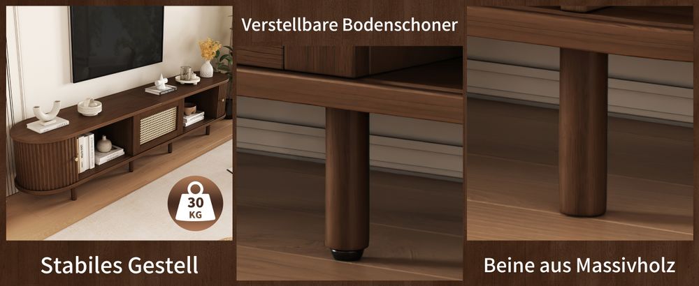 okwish TV-Schrank,Sideboard，Lowboard，Aufbewahrungsmöbel，Schrank mit Stauraum ，TV-Ständer für Wohnzimmer,verstellbare Füße,Rattan flechten， Dunkle Walnuss
