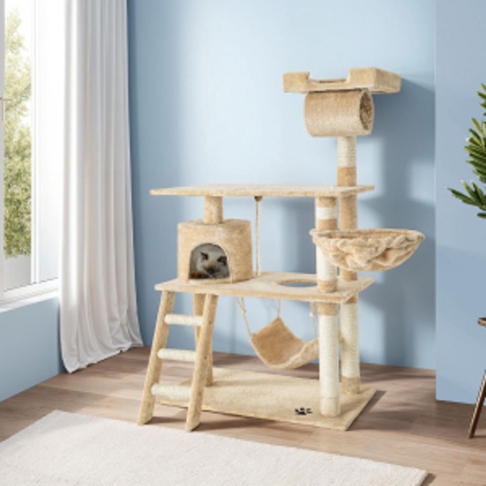 tectake® Kratzbaum Marcel 141 cm inklusive Treppe, Spielkordel und Kippschutz