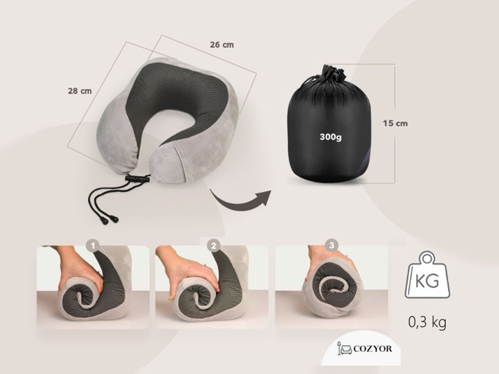 COZYOR Nackenkissen klein & kompakt, mit Memory Foam, verstellbarem Verschluss & praktischer Tasche