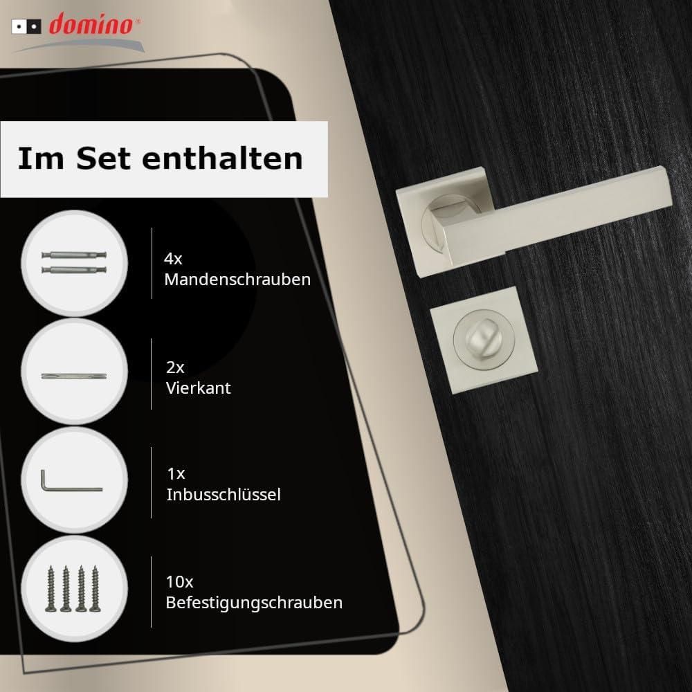 DOMINO Türgriff Drückergarnitur WC - Badezimmer Set | mit quadratischen Rosetten | für Badezimmertüren | Set WC - Rosetten-Garnitur | Türbeschläge aus Aluminium |Nickel Türdrückergarnitur | QUBIK-QR M9