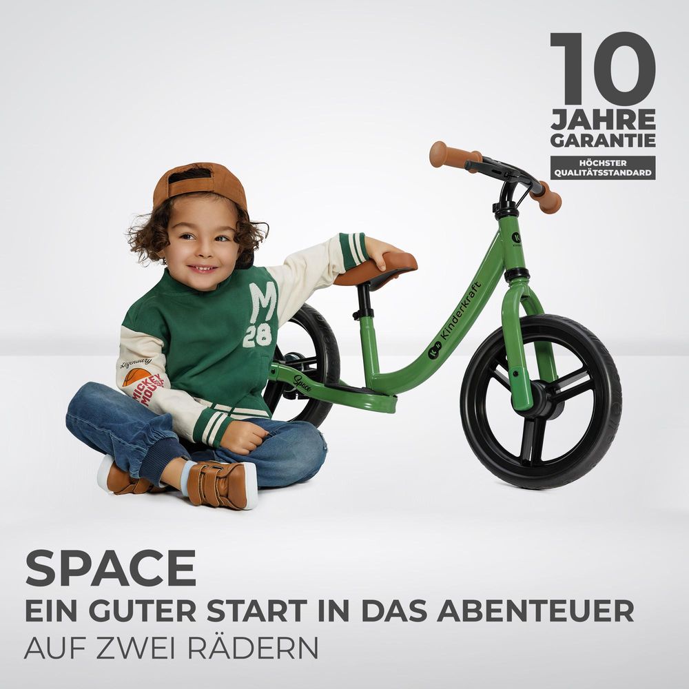 Kinderkraft SPACE Laufrad - Leicht, mit Handbremse - EVA-Schaumstoffräder - Verstellbarer Sattel und Lenker - Für Kinder ab 80 cm - Grün