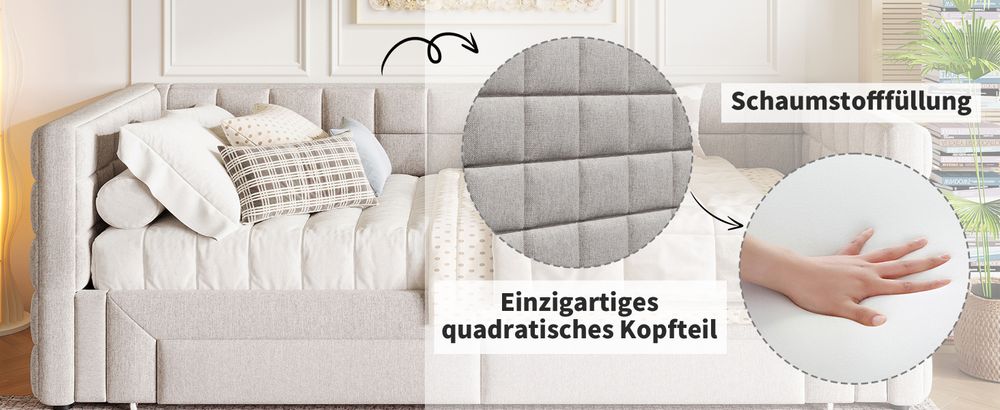 MODFU Daybett, Ausziehbett 90x200cm  Schlafsofa Jugendbett Kinderbett Tagesbett,t mit quadratischer Rückenlehne,(ausziehbar auf 180 Queensize), 2 Schubladen, Ohne Matratze, Beige