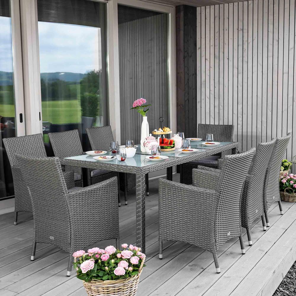 di volio Polyrattan Sitzgruppe VERONA - Lounge Gartenmöbel-Set für Garten oder Terrasse, Tisch mit Glasplatte + 8 Stühle - Lounge-Set in Rattan-Optik
