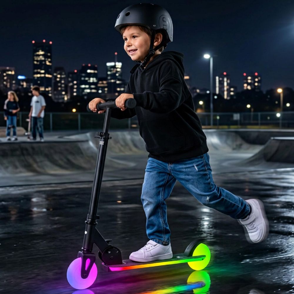 Kind fährt Tretroller mit leuchtenden Rädern bei Nacht im Skatepark