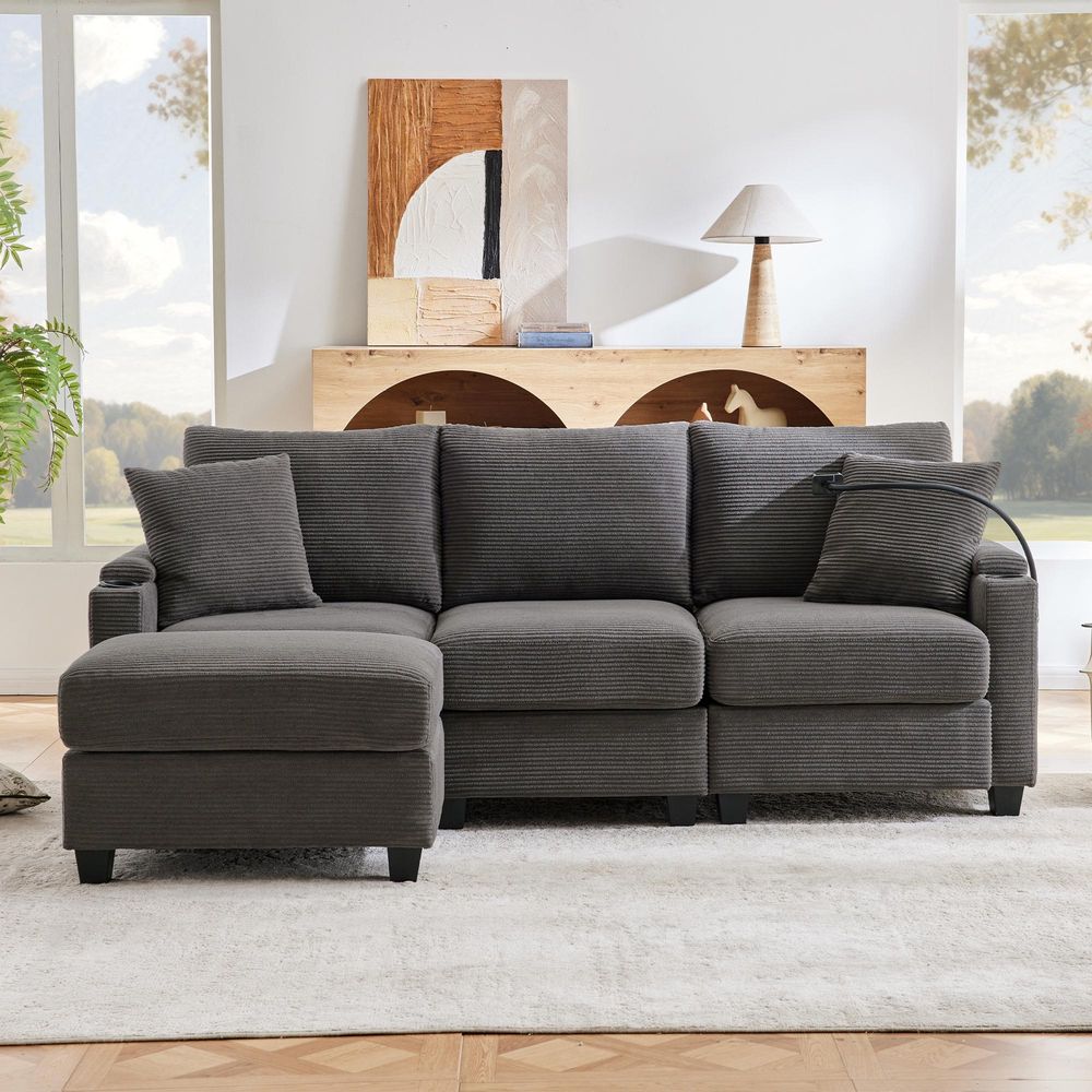 Merax Ecksofa, mit Schlaffunktion, L-Form 3-Sitzer-Sofa mit Fußhocker, Getränkehalter, USB, Type C, Armlehnenablage, Couch, Bettsofa, Cord, Grau