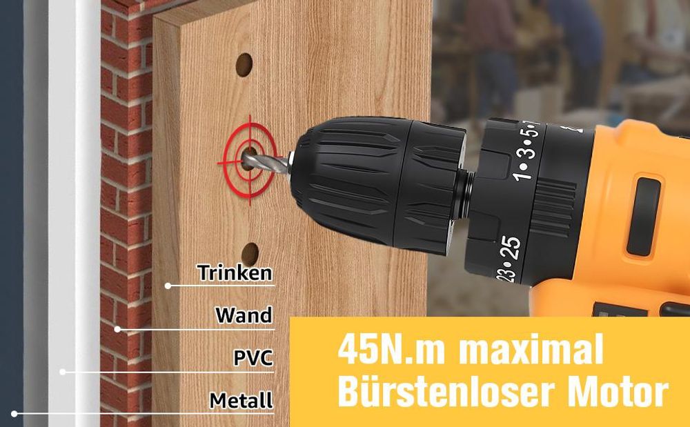 LifeImpree 21V Akkuschrauber Set, Akkubohrer mit 108PCS Werkzeugkoffer, 45 N.m Max akku bohrmaschine mit 2 x 1500mAh Akkus, 2 Gang, 25+3 Drehmomentstufen, LED Licht, für Haus und Garten DIY Projekt
