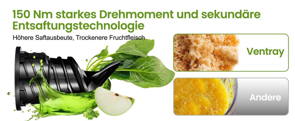 Ventray Max 120 Kaltpress Entsafter BPA frei mit Doppelfilter und 120 mm Einfülltrichter für hohe Saftausbeute leicht zu reinigen 250W, Schwarz