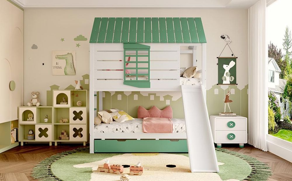 Merax Haus-Etagenbett 90x200 mit Ausziehbett, Kinderbett mit Rutsche und 2 Schubladen, Holz Jugendbett für 3 Kinder, Stockbett, Hochbett, Weiß+Grün