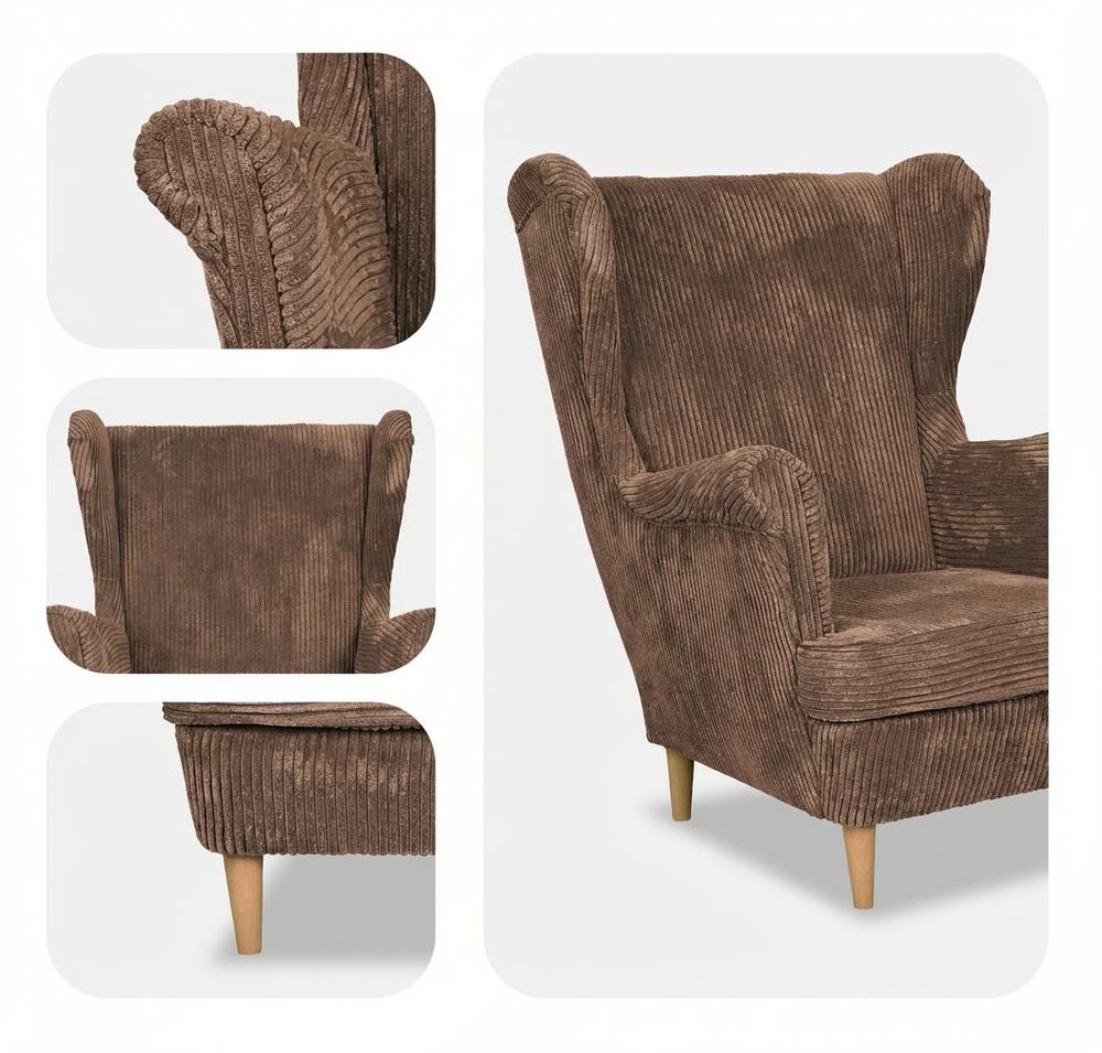 Ohrensessel ARI Bonito – skandinavischer Sessel mit Cord-Bezug, Braun, Family Meble