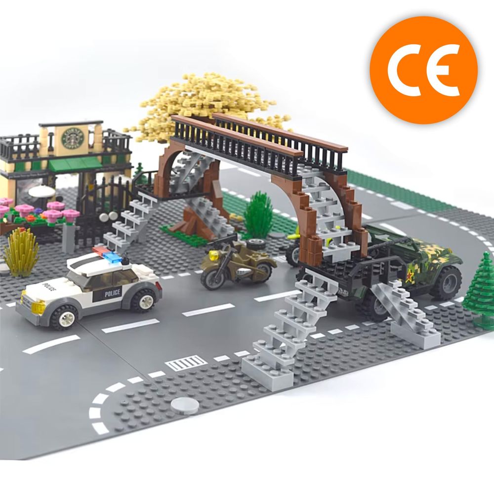 Bauplatte Straße Kurve 32x32 Noppen, Straßenplatte kompatibel mit gängigen Bausteinen, 25,6 x 25,6 cm, EVI KIDS, Grau