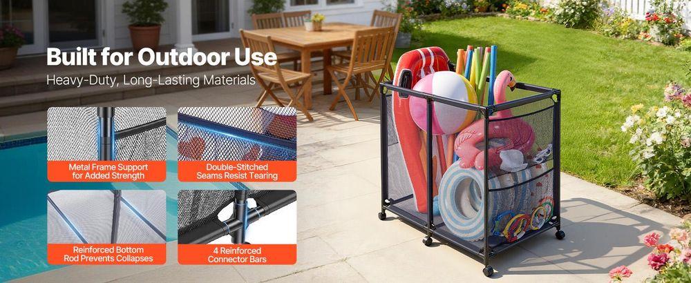 VEVOR Pool-Aufbewahrungsbehälter 93,5 x 61 x 90,4 cm, Aufbewahrungsbox für Pools mit 6 Rollen, Netz-Organizer mit Metallrahmen & Seitentaschen, Organisationskorb für Pool-Nudeln Schwimmausrüstung