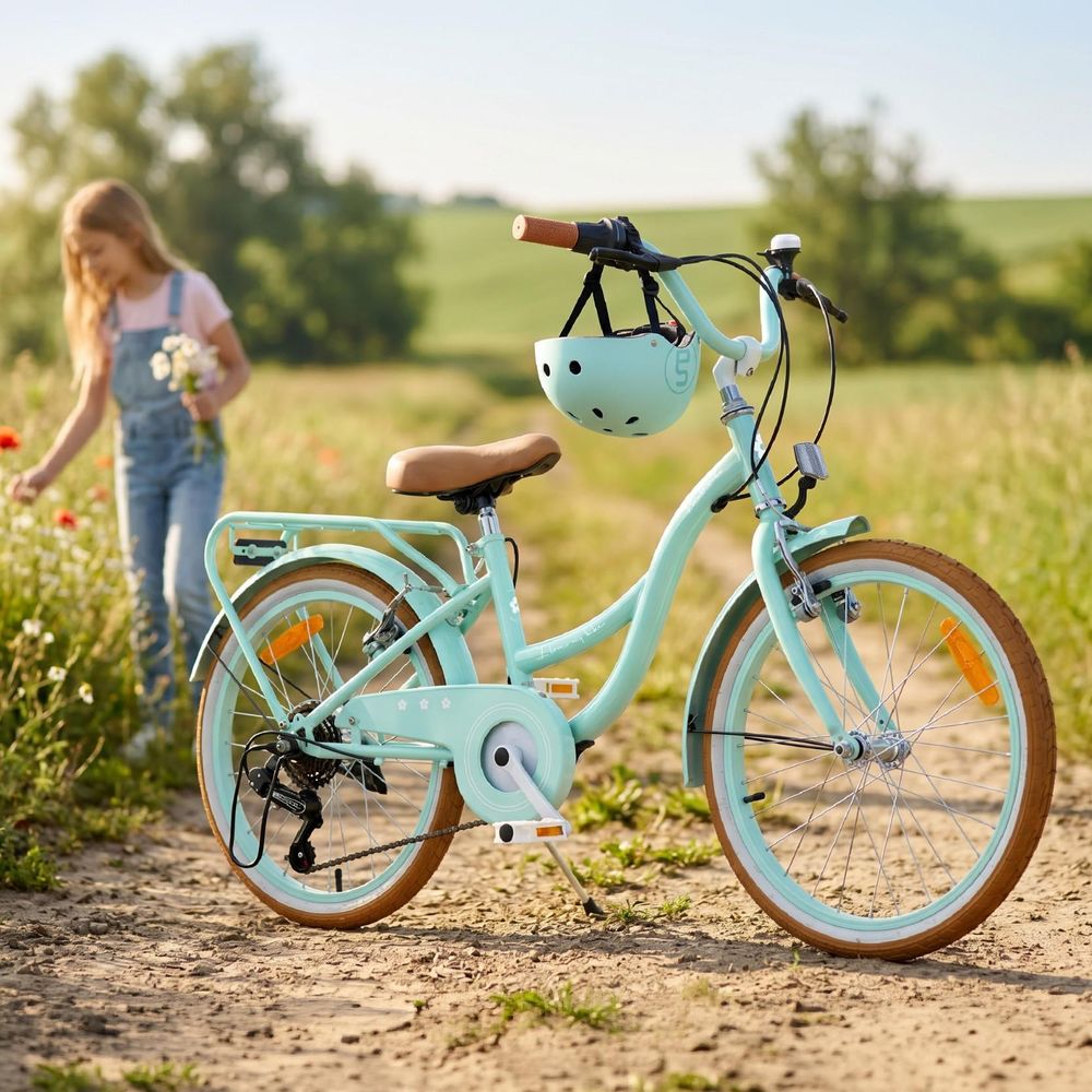 Fahrrad steht auf einem Feldweg, Helm am Lenker