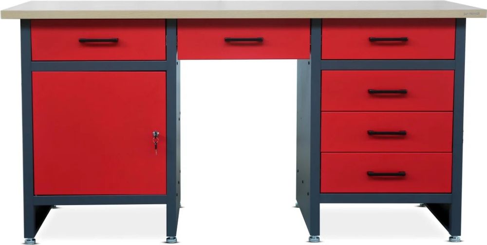 Werkbank mit Arbeitsplatte Werktisch mit 6 Schubladen Schließfach Verstellbare Füße MDF-Arbeitsplatte Belastbar bis 500 kg Metall 170 cm x 60 cm x 85 cm Farbe: Anthrazit-Rot