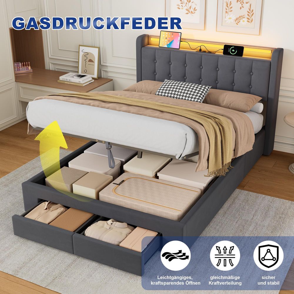 Modernes Polsterbett mit Stauraumfunktion
