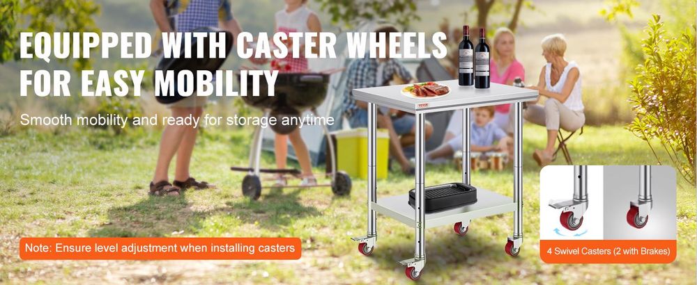 VEVOR Edelstahl Arbeitstisch 30 x 18 x 34 Zoll, 700 LBS Tragfähigkeit mit 4 Rädern, 3 verstellbare Höhenstufen, robuster Lebensmittelvorbereitungstisch für gewerbliche Küchenrestaurants, Silber, 760x600x850 mm