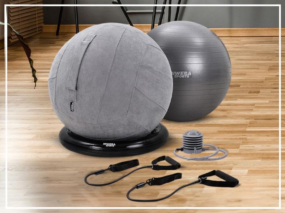 Miweba Sports 4in1 Gymnastikball Set | 65 cm - inkl. Ballschale, Pumpe, Waschbarer Bezug & Schlingentrainer - Fitnessball - Sitzball - Yogaball (Grau)