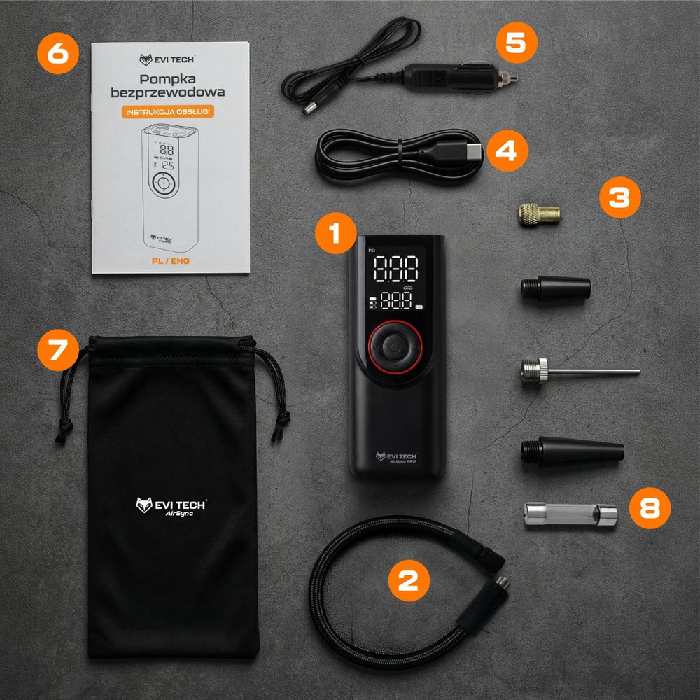 EVI TECH AirSync PRO Akku Kompressor 12 Bar Elektrische Luftpumpe 7500mAh Powerbank USB-C + 12V Kfz-Kabel für Auto Motorrad Fahrrad Tragbar Schwarz