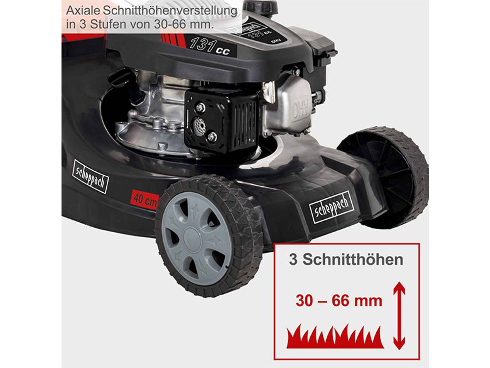 Scheppach Rasenmäher Benzin MP132-40 | 3,3 PS Leistung | 40cm Schnittbreite | 3-fache Schnitthöhenverstellung | 35 Liter Fangkorb | leicht