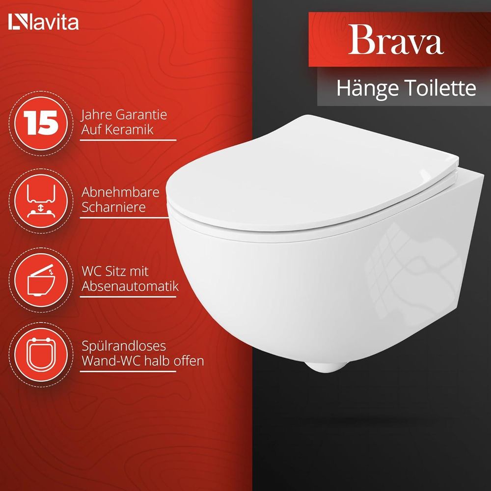 Lavita LAV 101 Vorwandelement für WC 40cm + Wand Hänge Tiefspül WC BRAVA Weiß Spülrandlos + Bedienplatte LAV 200.3.1 Weiß | Komplettset | Unterputz Spülkasten | Toilette Komplett Sett