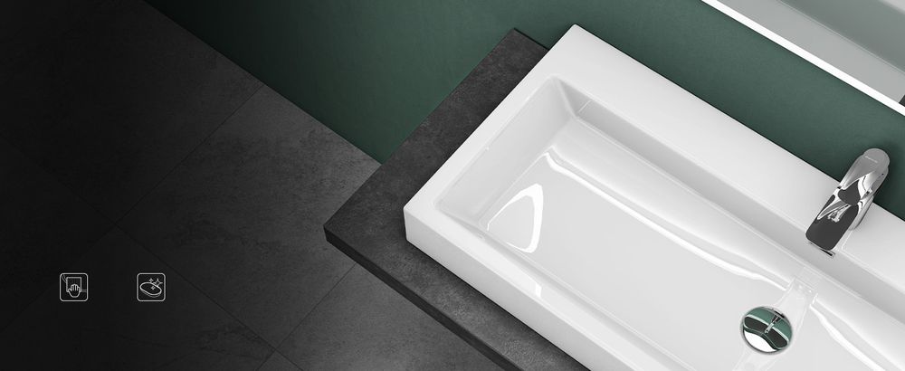 Mai & Mai Breite: 76,5cm Waschbecken Aufsatz-Waschschale Hänge-Becken Mineralguss in weiß 1 Armaturenloch Bad Eckig Col06