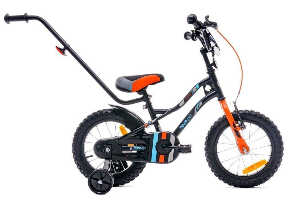 Bicicleta infantil con barra de empuje y ruedines, vista lateral.