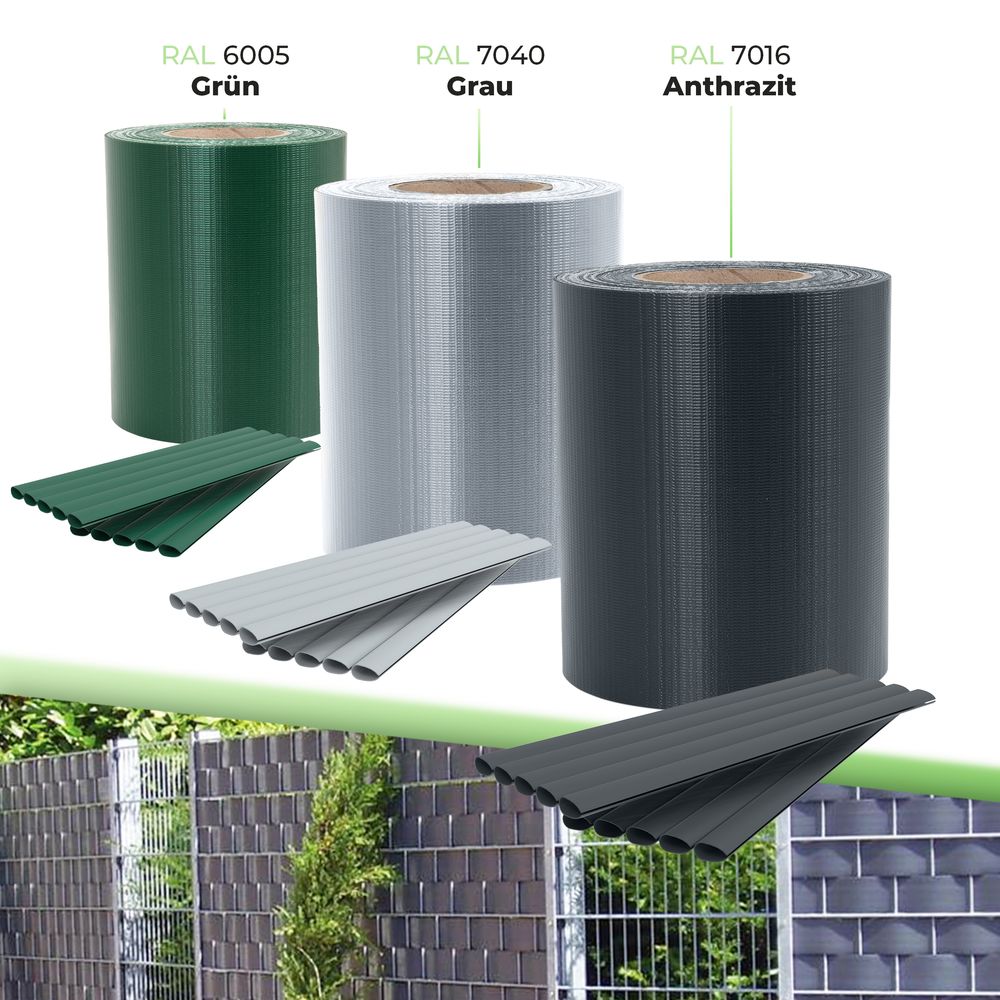 PVC Sichtschutzstreifen für Doppelstabmatten Blickdicht | Doppelstabmattenzaun Sichtschutz | 30 Befestigungsclips | 35m x 19 cm | Zaunfolie Windschutz | Grün RAL6005