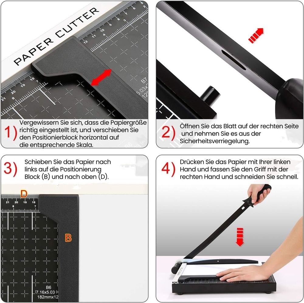 Profi A4 Papierschneider Schneidemaschine, Hebelschneider Fotoschneider mit Sicherheitsverriegelung, magnetischen Papiereinsteller, 32x25x3cm, Schwarz