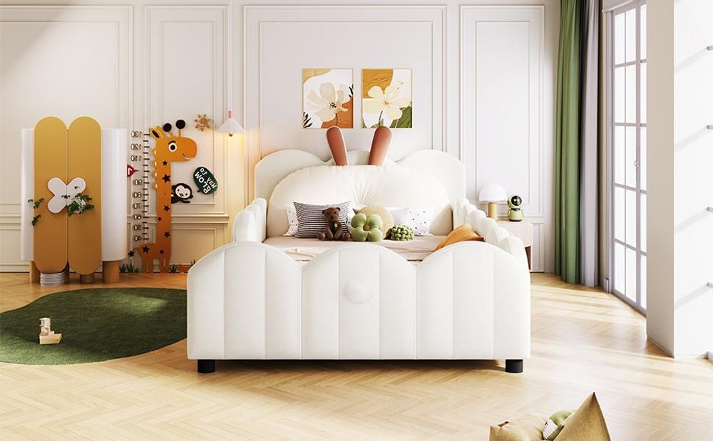 Merax Polsterbett 90x200 cm, mit Kaninchen-Kopfteil, gepolstert, Einzelbett, mit Schutzgeländer, Kinderbett, Jugendbett, Beige