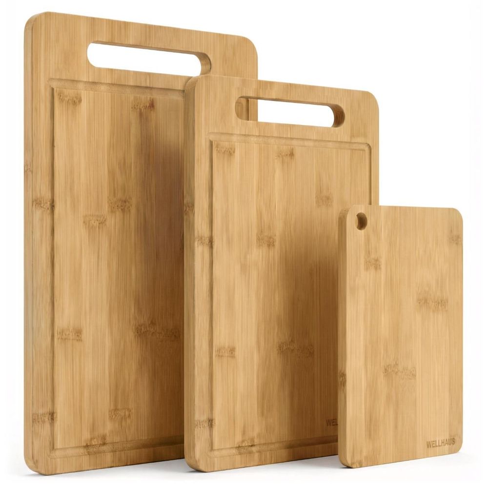 WELLHAUS 3er-Set rutschfeste Schneidebretter aus Holz XL L S – Küchenbrett für Fleisch, Gemüse und Obst 34 x 22, 30 x 20, 20 x 15 cm
