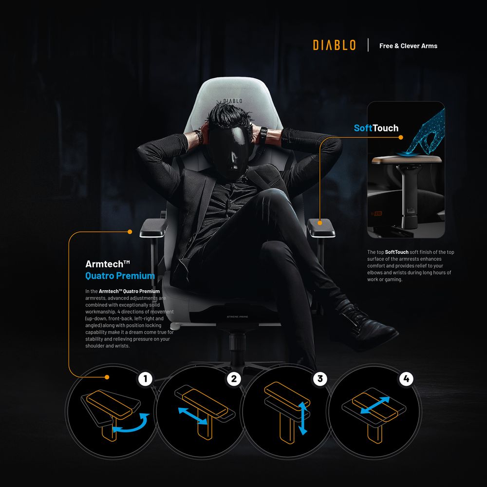 Diablo X.Eye Prime Gaming Stuhl mit Kühlfunktion Bürostuhl Schreibtischstuhl, Belastbar bis 140 kg, Größe Normal, Farbe Grau