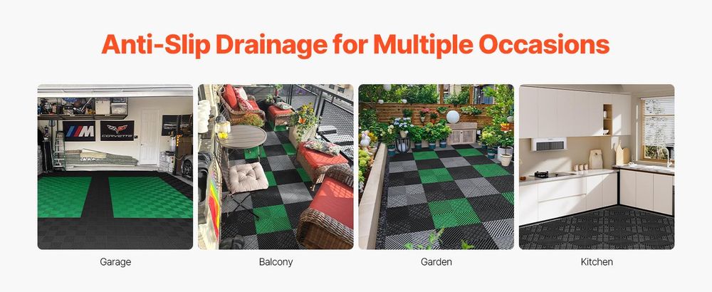 VEVOR Verbindungsdrainagematte, 30 cm x 30 cm modulare Verbindungsunterlage, 40 Stück Verbindungsdrainagematten, rutschfeste graue PP-DRAINAGEFLIESEN und DUSCHMATTE, für Garage, Garten, Küche und Außenbereich, Schwarz-b, 12 Stück