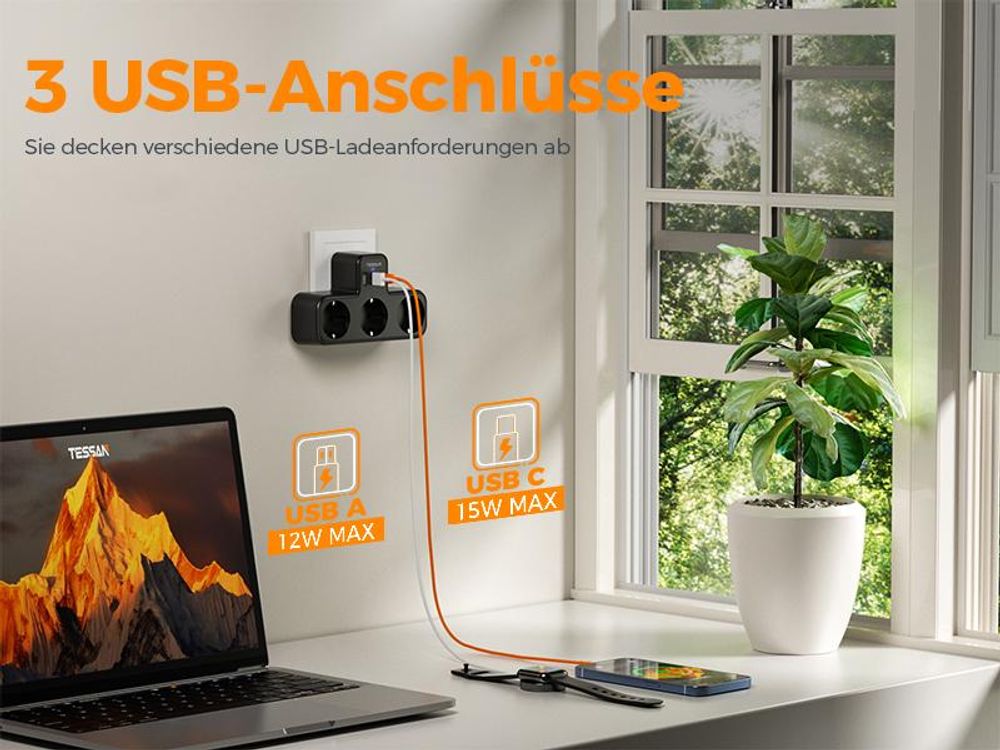 TESSAN Mehrfachstecker mit USB für Steckdose 3 Fach Steckdosenadapter mit 2 USB A und 1 USB C 3600W Mehrfachsteckdose Ladegerät Schwarz