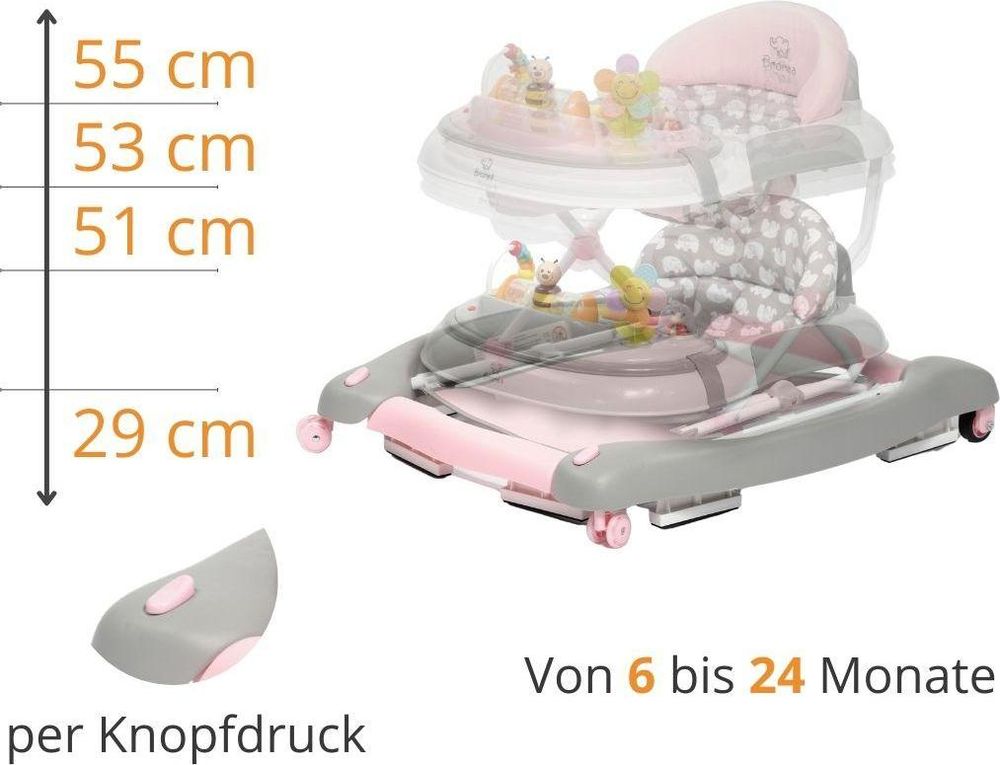 BRONEA® 4-in-1 Gehfrei Baby ab 6 Monate | Lauflernwagen Schaukel Spielpaneel mit Licht & Musik | Lauflernhilfe mit leisen Rollen und Bremsen - Pink