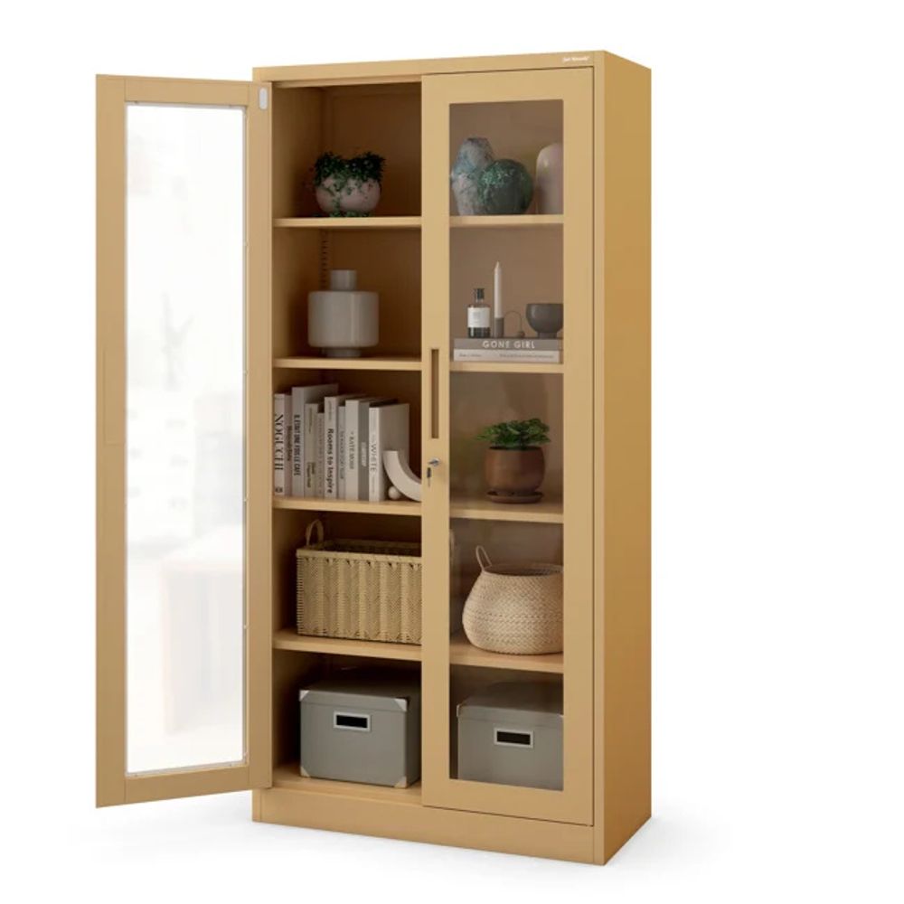 Jan Nowak Aktenschrank Medizinschrank Büroschrank Flügeltürschrank Glasvitrine 4 Fachböden Stahl Abschließbar 185 cm x 90 cm x 40 cm Farbe: Beige