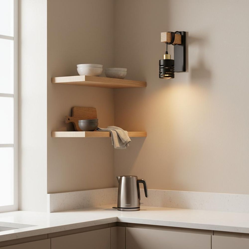 MasterLED Wandlampe E27 - Schwarz mit Gold und Holz - Moderne Innenleuchte aus Stahl - Stilvoll und gemütlich