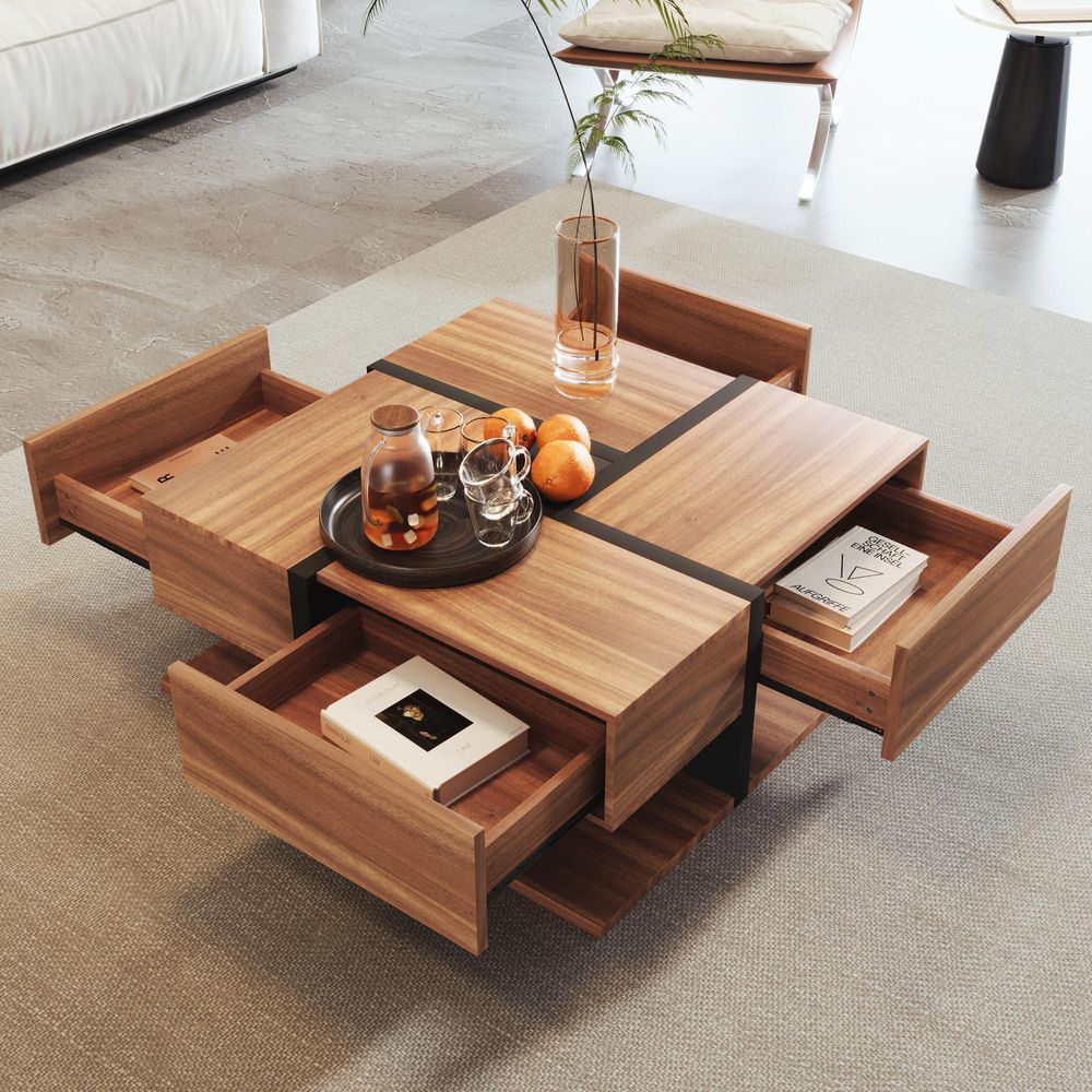 Merax Couchtisch mit versteckten Schubladen, Beistelltisch mit geometrische Design, Tisch mit Ablagefläche und Sockel, Wohnzimmetisch Holz +Schwarz