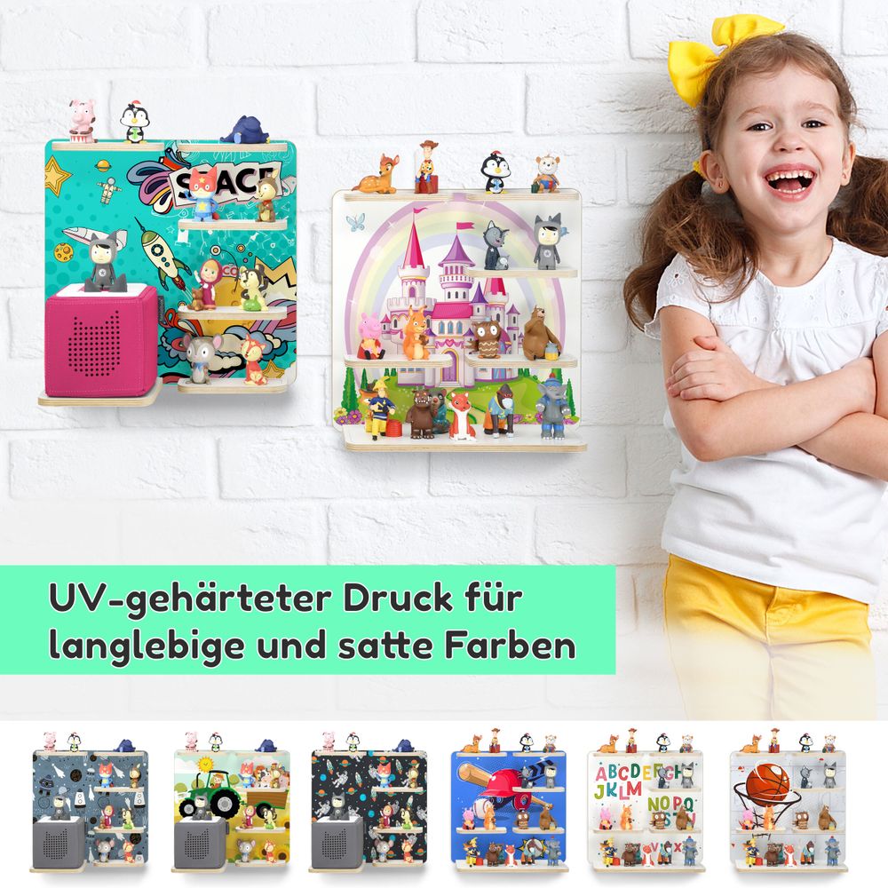 Das Bild zeigt verschiedene Wandregale für Tonieboxen und Tonie-Figuren mit bunten Designs.
