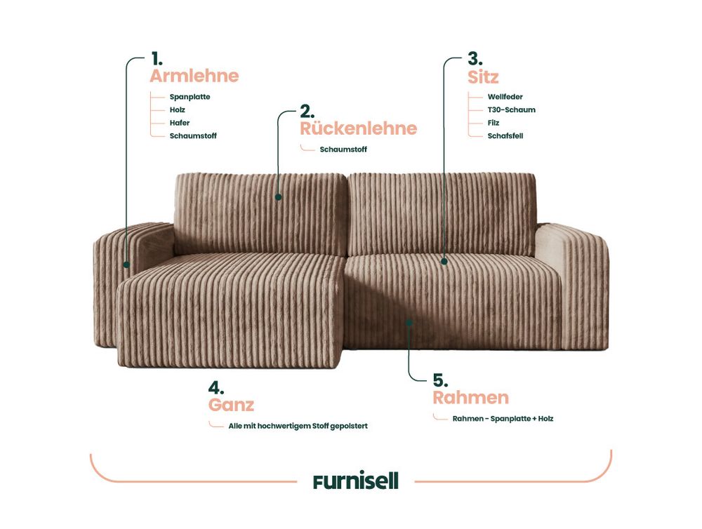 Furnisell Ecksofa L Form Cord Sofa "FANO", Braun