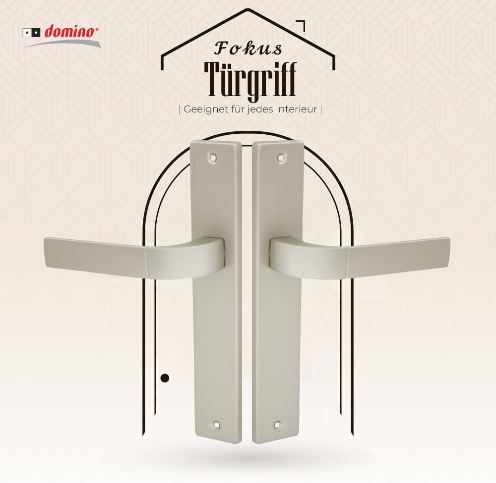 DOMINO Türgriff Blind Drückergarnitur | Langschildgarnitur | Türklinke für Zimmertür, Bürotür, Kellertür & Innentür | L-Form Türbeschläge aus Aluminium | Satin Nickel Velvet Türdrückergarnitur | FOKUS M91