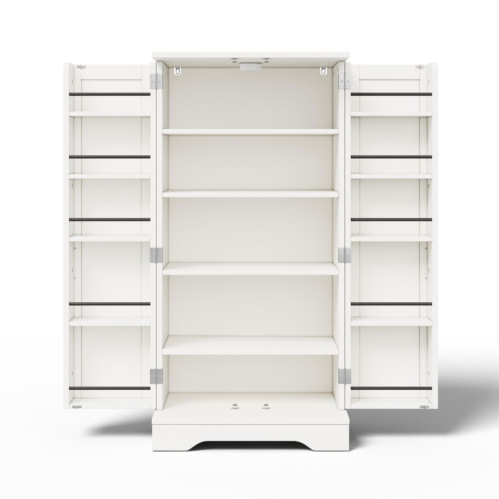 Flieks Küche Hochschrank mit LED, 2-türiger Schrank mit verstellbaren Regalböden & Türablagen, Küchenschrank für Küche, 60x40x120 cm, weiß