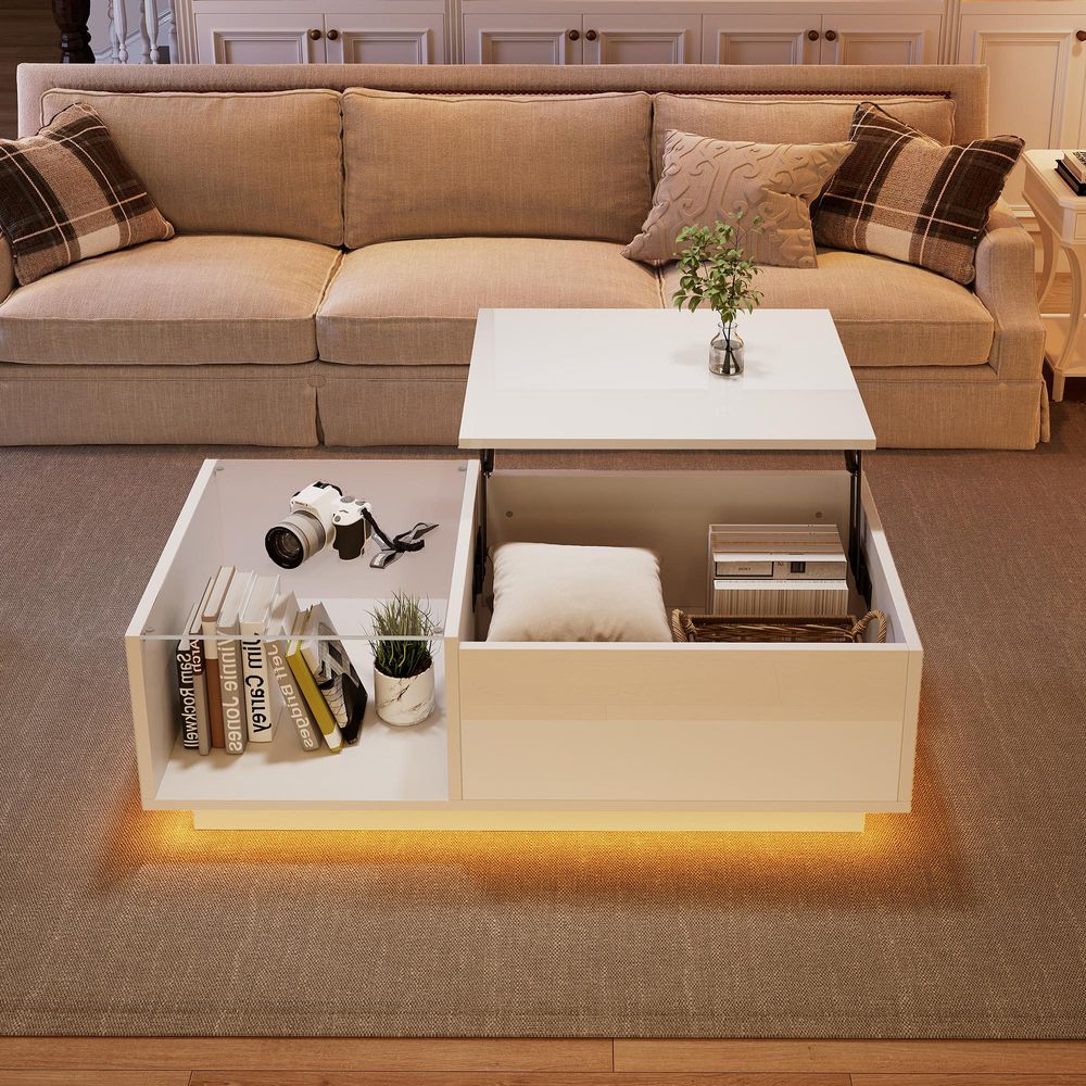 Merax LED-Couchtisch 100x50 cm, höhenverstellbar Sofatisch mit Hebefunktion & Stauraum, RGB-App-Steuerung, Hochglanz mit Glasplatte, Weiß