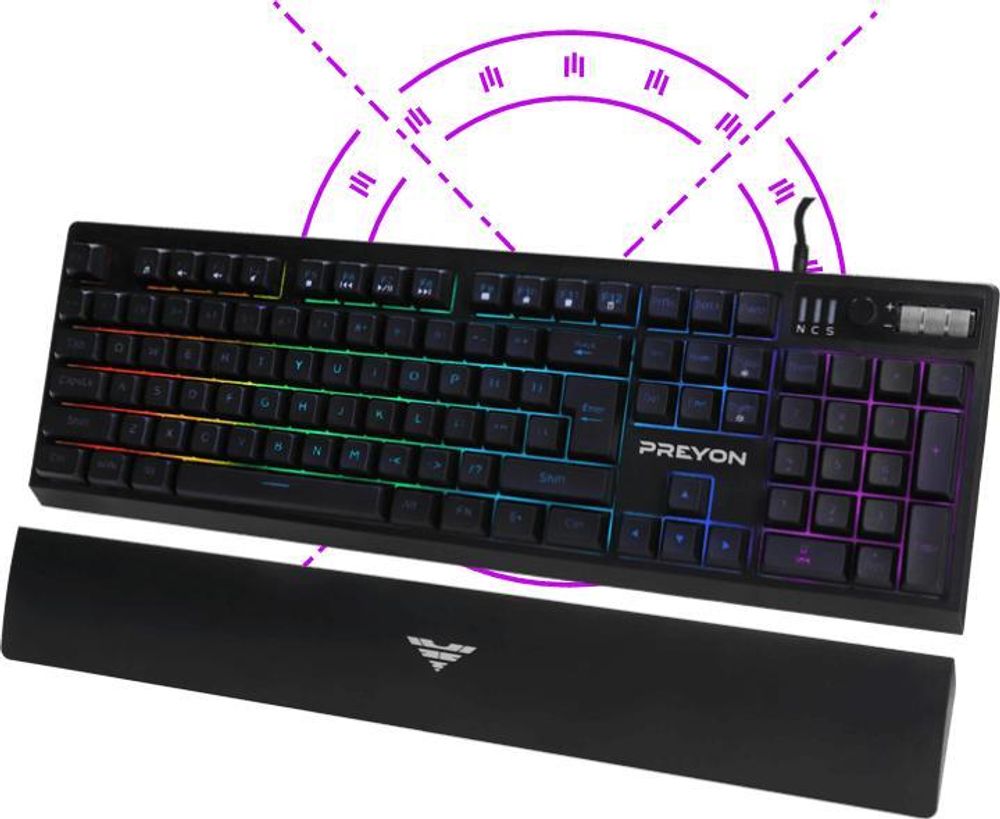 Klawiatura dla graczy PREYON Long Claw Alpha Keyboard - 104 klawisze funkcyjne - Podświetlenie RGB - Dodatkowe klawisze - Rolka głośności - Anti-ghosting - Zdejmowana podpórka magnetyczna - Przycisk wyłączania/włączania podświetlenia