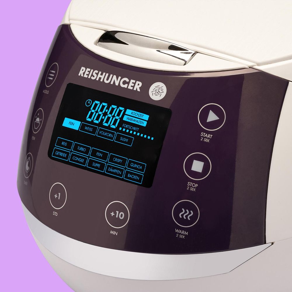 Reishunger Digitaler Reiskocher, Grau (860W/1,5l) für bis zu 8 Personen, Multikocher mit 12 Programmen, Timer- und Warmhaltefunktion inkl. Reishunger Reiskocher Kochbuch