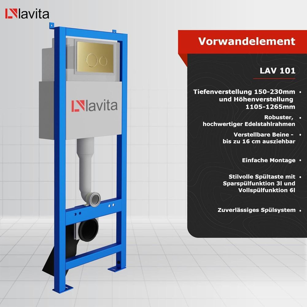 Lavita LAV 101 Vorwandelement für WC 40cm + Wand Hänge Tiefspül WC SOFI SLIM CHECKED GOLD Spülrandlos + Bedienplatte LAV 200.3.1 Weiß | Komplettset | Unterputz Spülkasten | Toilette Komplett Sett