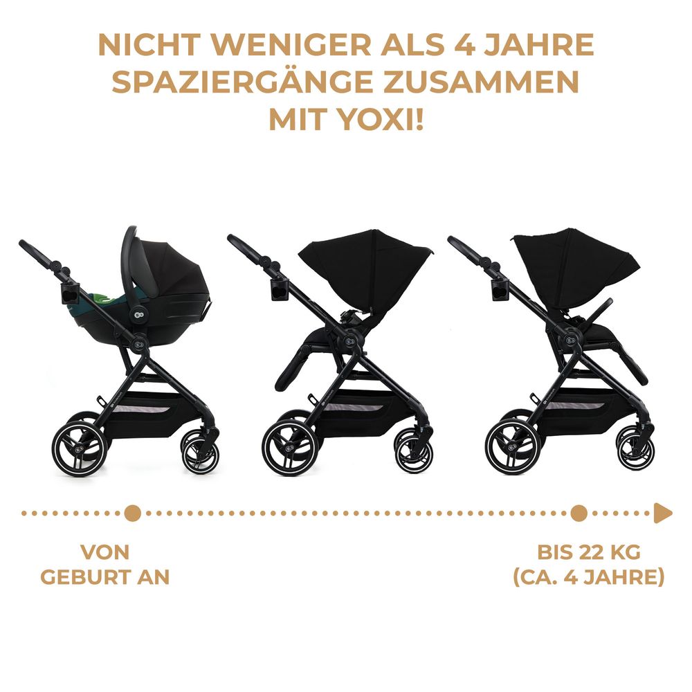 Kinderkraft YOXI - Kinderwagen bis 27 kg - leicht - wendig - pannensichere Räder - TRAVEL SYSTEM - verstellbare Rückenlehne - Schwarz