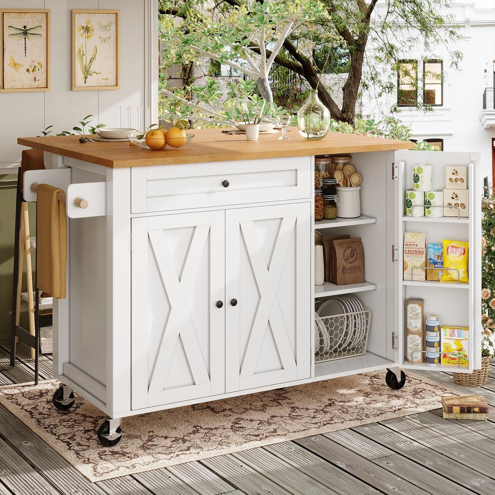 Flieks Servierwagen Speisewagen Erweiterbar, Buffetschrank Kücheninsel mit Schublade, Handtuchhalter und Gewürzregal, 99x40-70x90 cm, Weiß