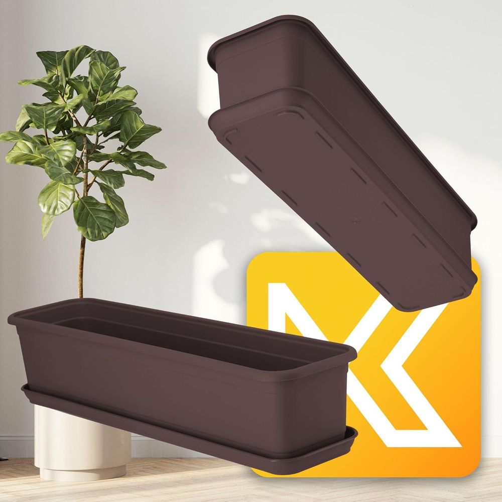 KADAX Blumenkasten mit Untersetzer "Evron", aus Kunststoff, Blumentopf für Balkon, Terrasse, Fensterbank, 60 cm, Braun