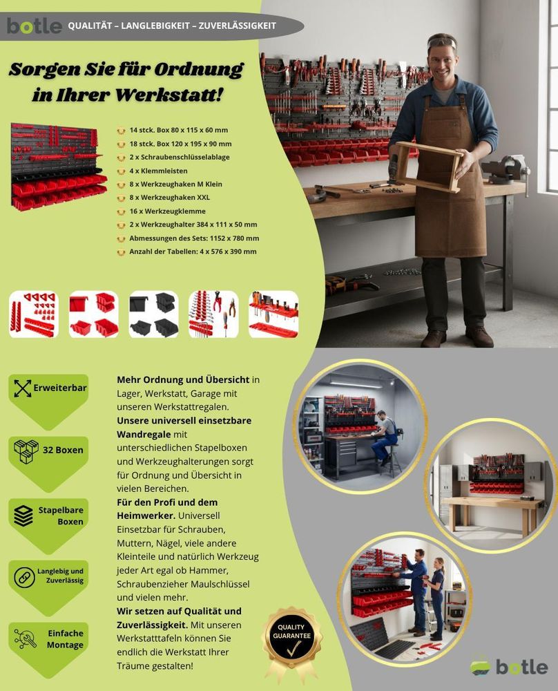 Werkzeugwand 115 x 78 cm mit 32 stck Boxen Werkzeughalter Werkstatt Garage Lagersystem Sichtlagerkästen Schütte